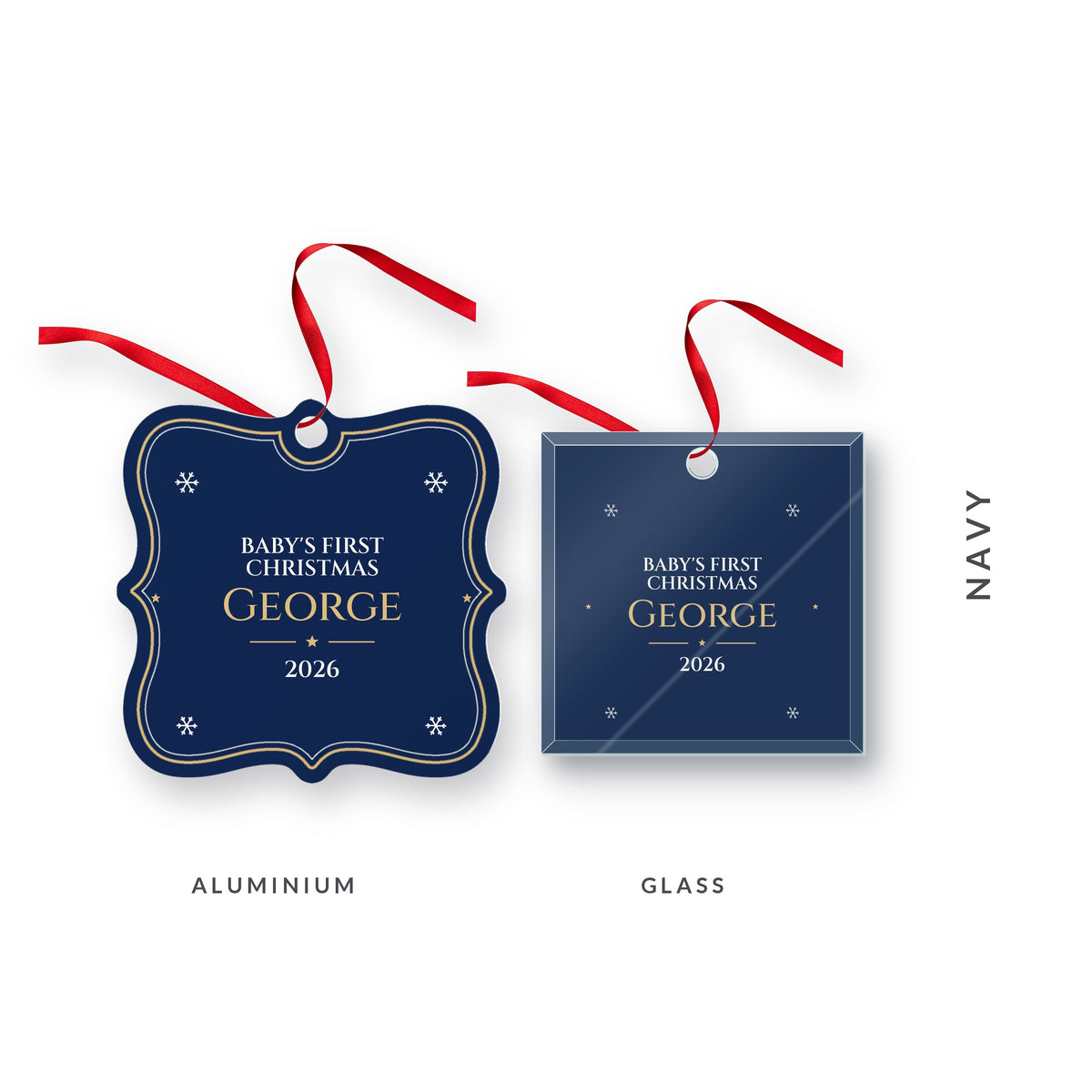 Baby's First Christmas ornament in navy for George, 2026, in Cinzel, shown in aluminium and glass, with the colour name Navy