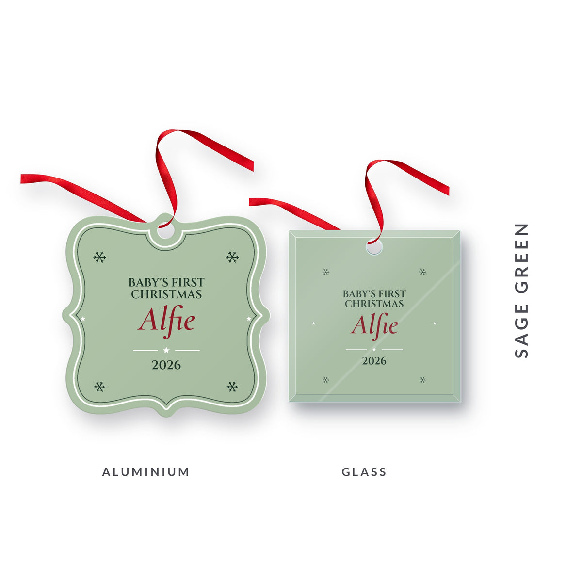 Baby's First Christmas ornament in sage green for Alfie, 2026, in Cormorant Italic, shown in aluminium and glass, with the colour name Sage Green