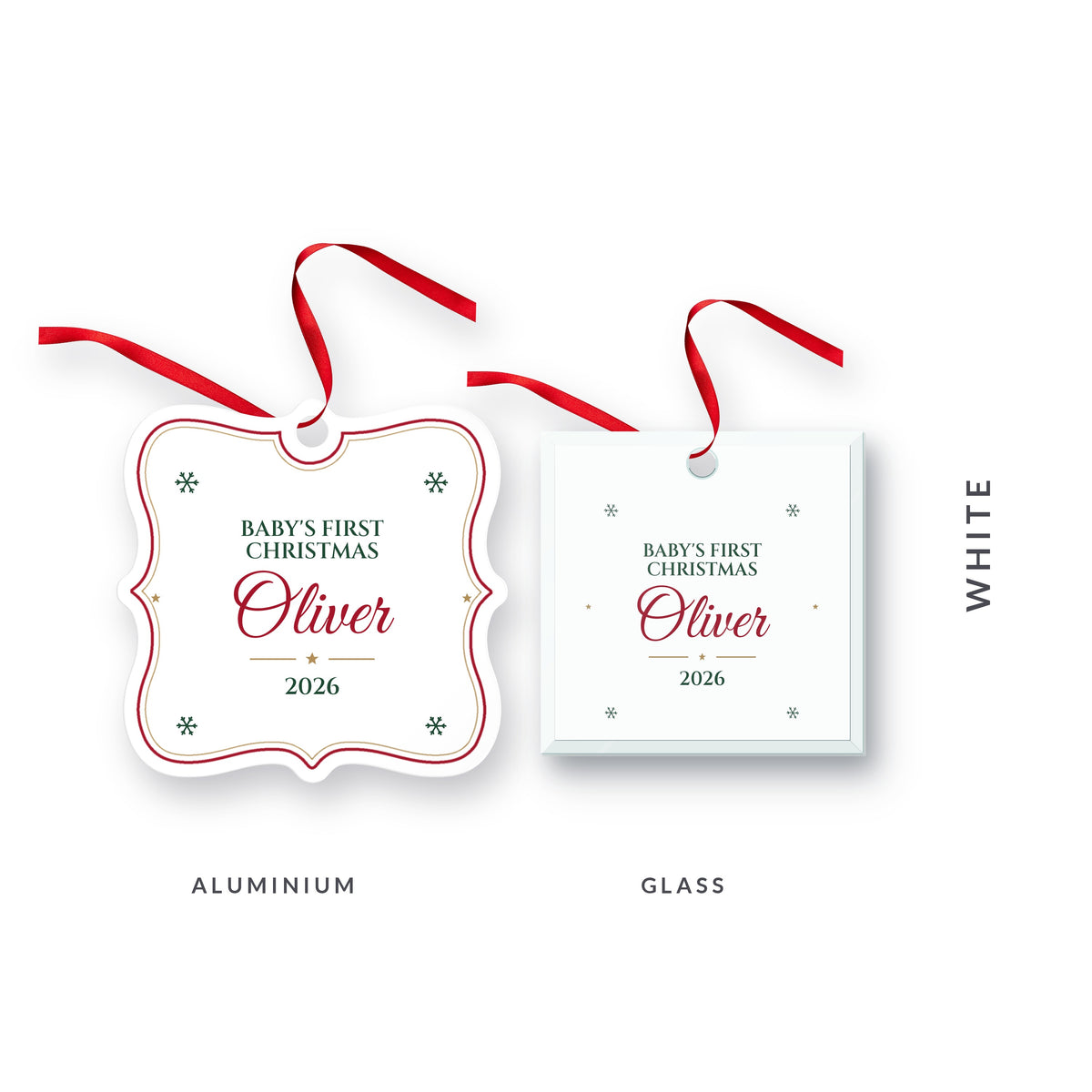 Baby's First Christmas ornament in white for Oliver, 2026, in Great Vibes, shown in aluminium and glass, with the colour name White