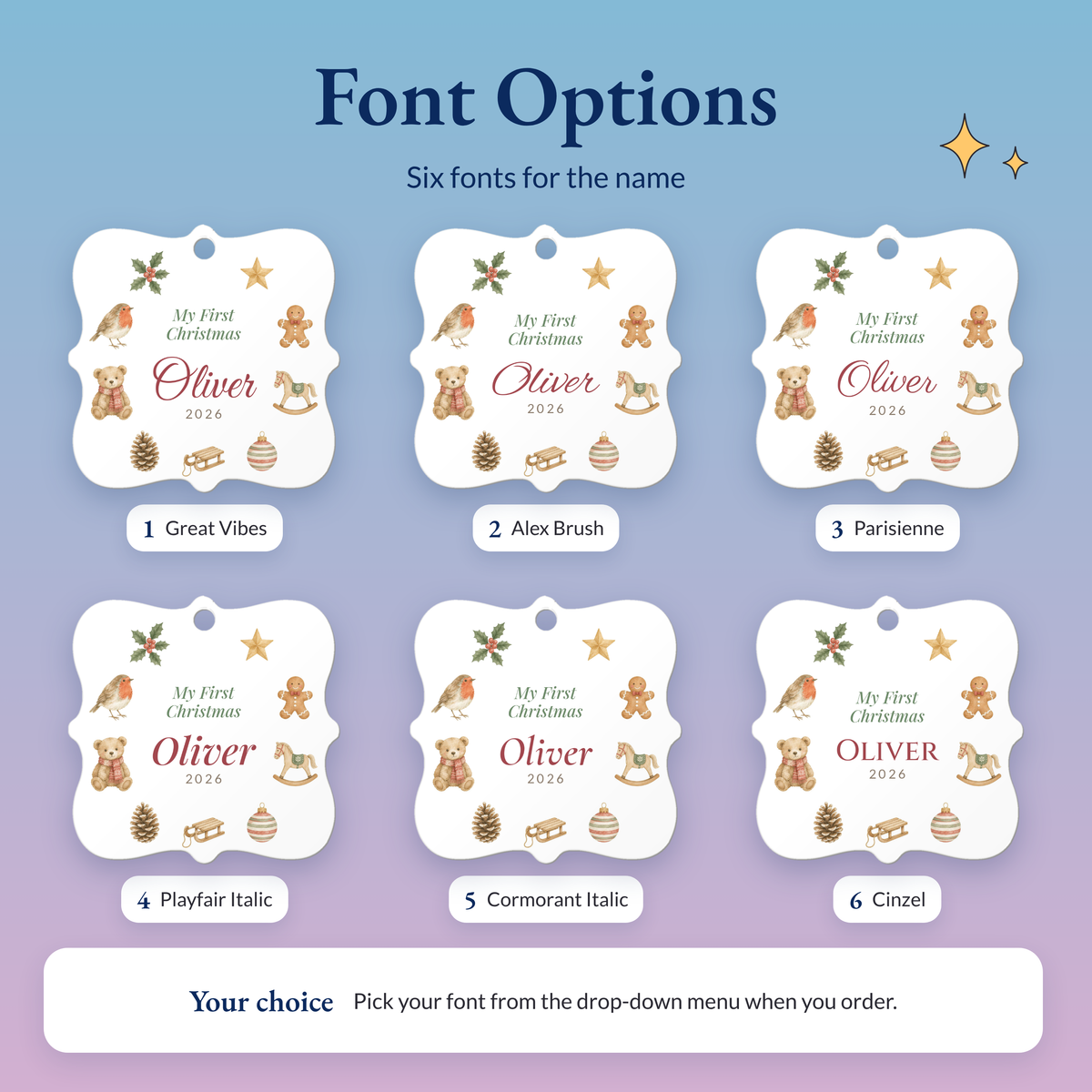 The My First Christmas ornament with the name Oliver in six fonts: Great Vibes, Alex Brush, Parisienne, Playfair Italic, Cormorant Italic and Cinzel
