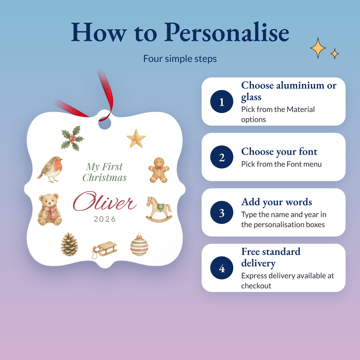 How to personalise in four steps: choose aluminium or glass, choose your font, add the name and year, free standard delivery