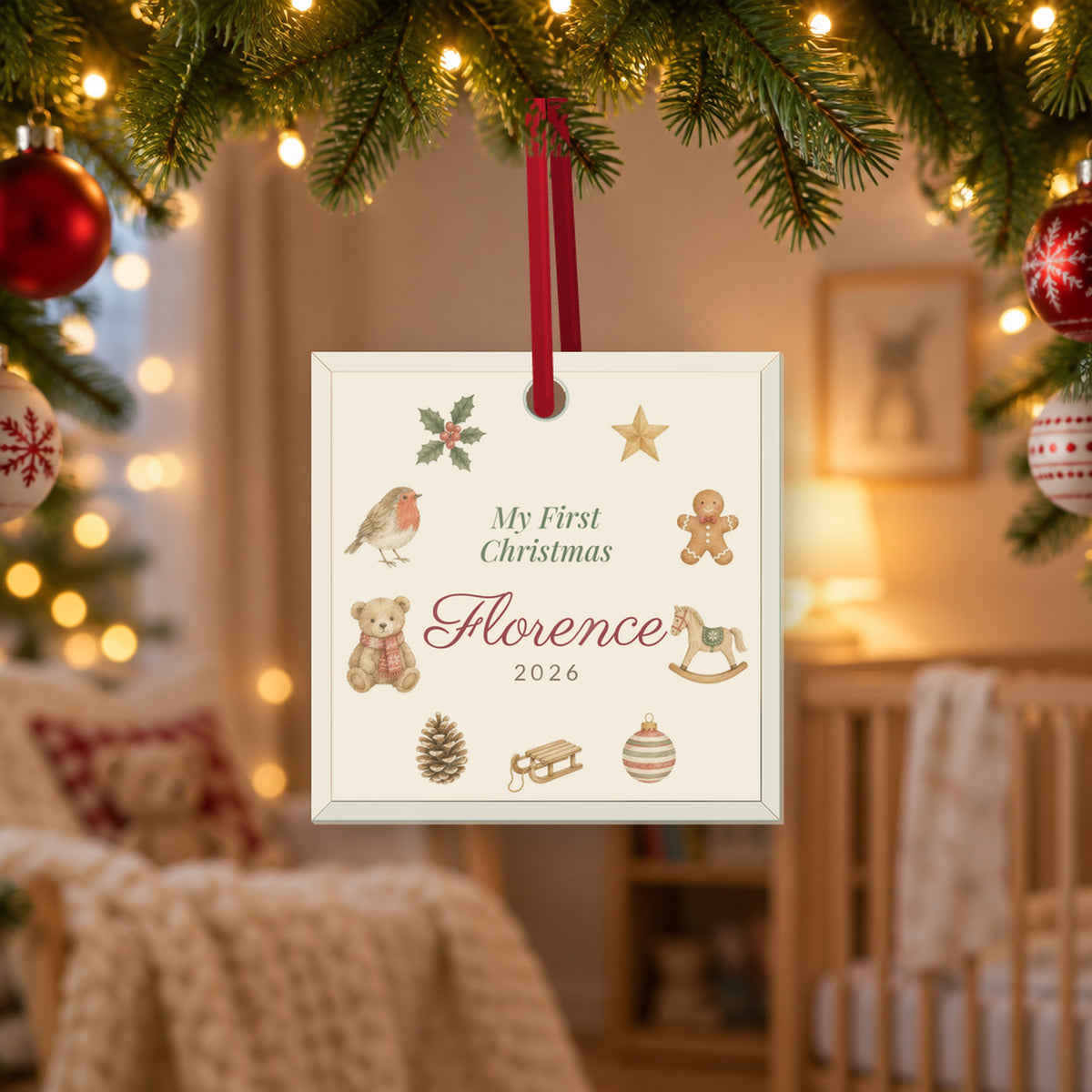 Glass My First Christmas ornament for Florence, 2026, with watercolour illustrations, hanging on a Christmas tree in a cosy nursery