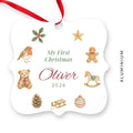 Aluminium My First Christmas ornament for Oliver, 2026, scalloped square with watercolour illustrations and a red ribbon, labelled Aluminium
