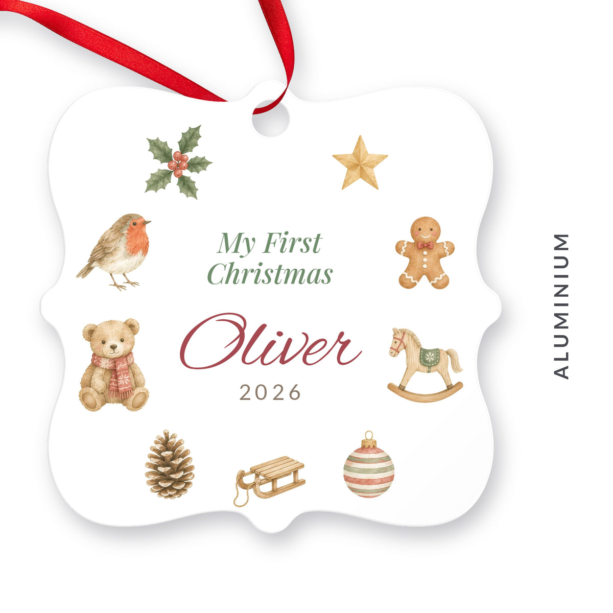Aluminium My First Christmas ornament for Oliver, 2026, scalloped square with watercolour illustrations and a red ribbon, labelled Aluminium