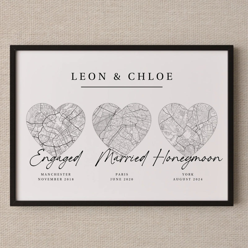 Personalised Gift for Couples • Engaged, Married, Honeymoon Map • 3 Designs