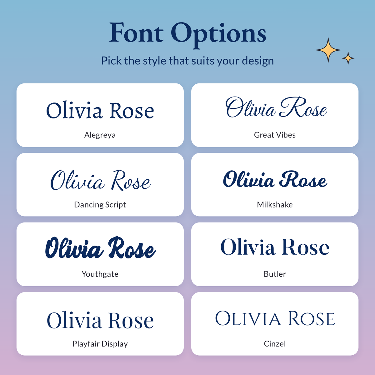 Eight personalisation font styles shown with the sample name Olivia Rose