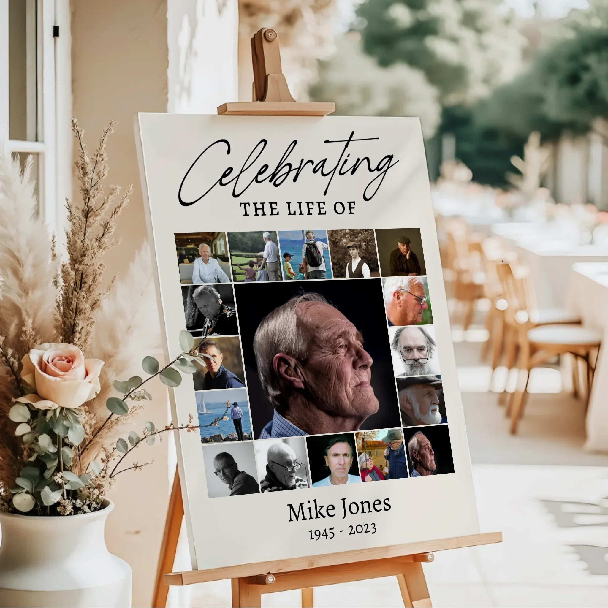 Personalised memorial photo collage sign on easel, celebrating a loved one, Custom Prezzy gift