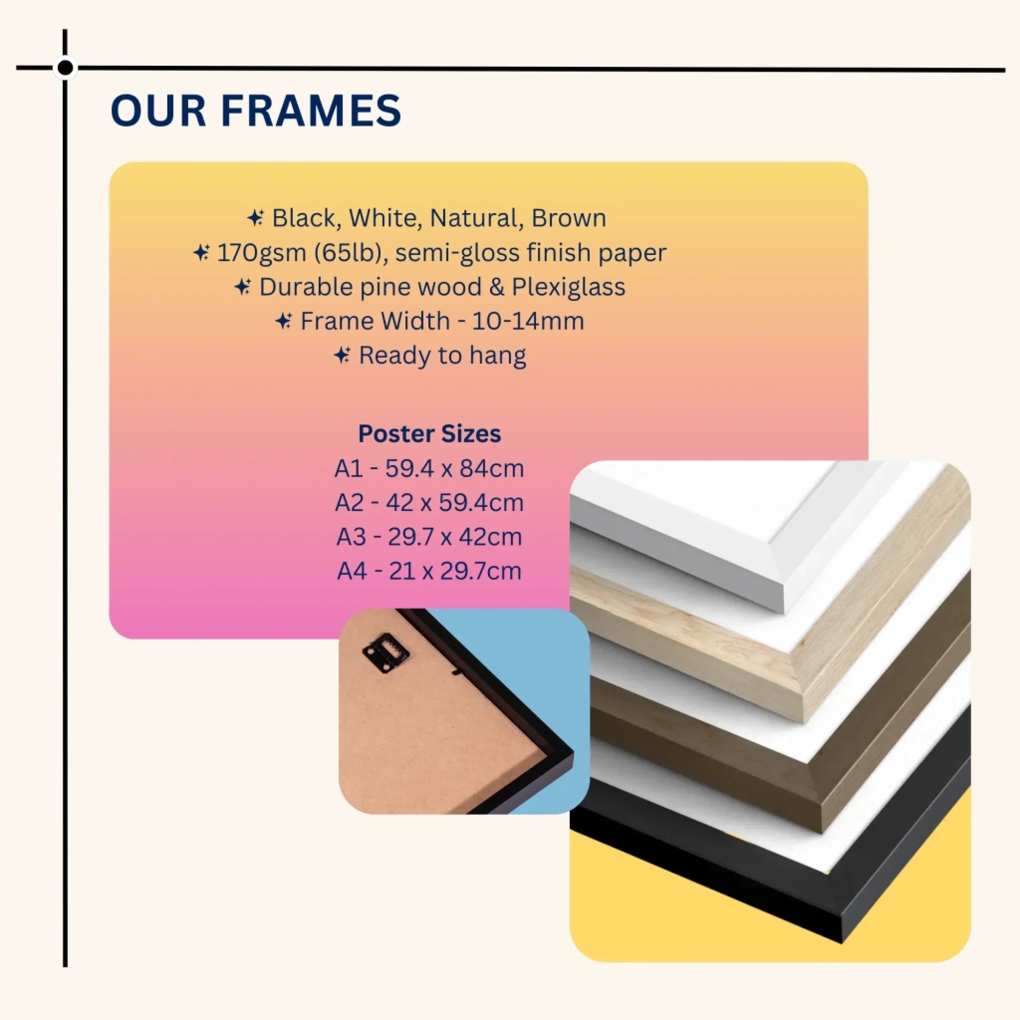 Custom Prezzy frame options in black, white, natural, and brown with poster size details