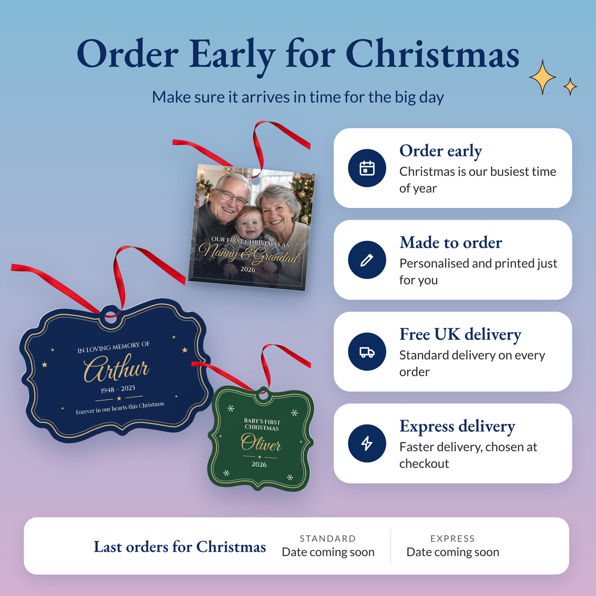 Order early for Christmas: made to order, free UK delivery, express delivery available, with last order dates for Christmas