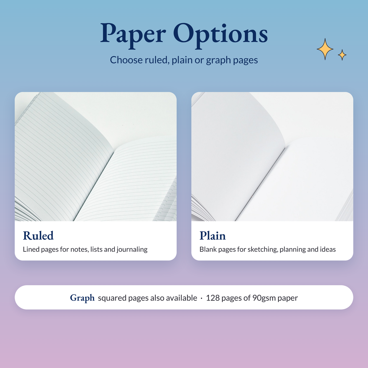 Two open notebooks showing ruled and plain pages, with graph pages also available, 128 pages of 90gsm paper